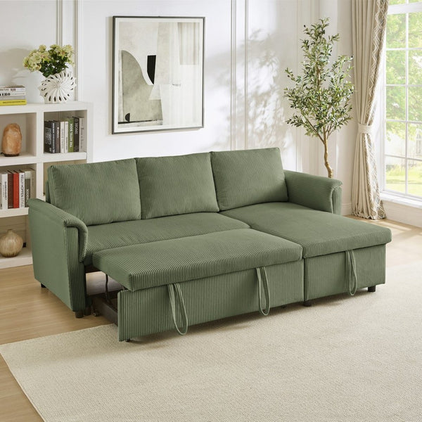 English Elm Loveseat Sectional Sleeper Sofa with Corduroy Tufted Upholstery Storage Chaise Reclining Green W2186S00014
