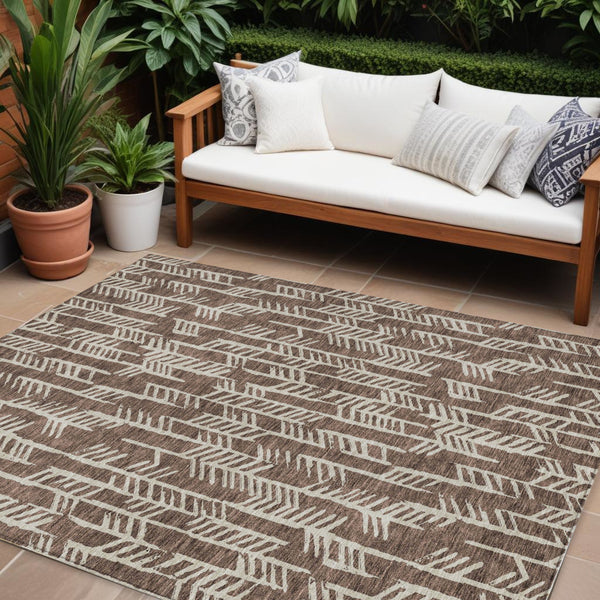 Homeroots 3' Beige And Ivory Tribal Washable Indoor Outdoor Area Rug - Durable, Stylish, Perfect For Any Space 9' X 12' Polyester 594092
