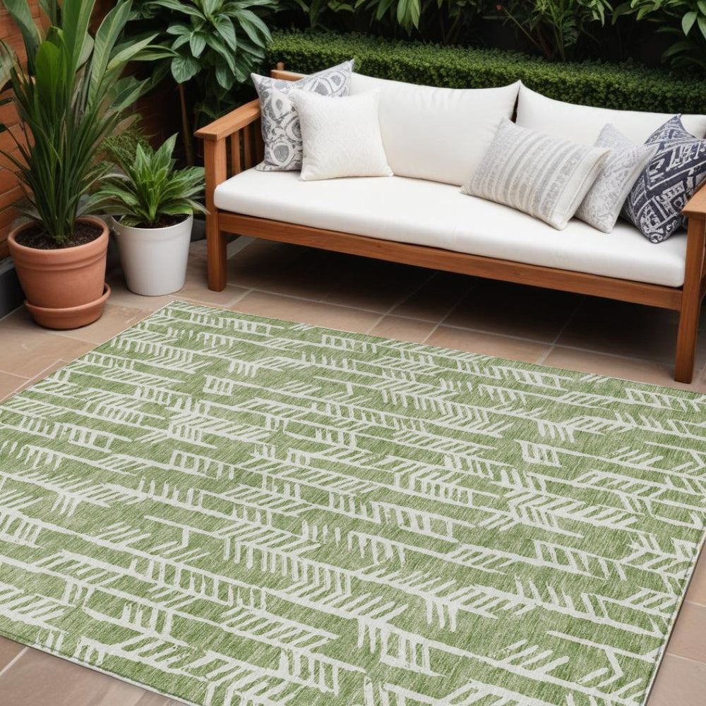HomeRoots 9' Chic Green and Ivory Tribal Area Rug - Durable, Washable Design for Indoor and Outdoor Spaces 9' X 12' 594104