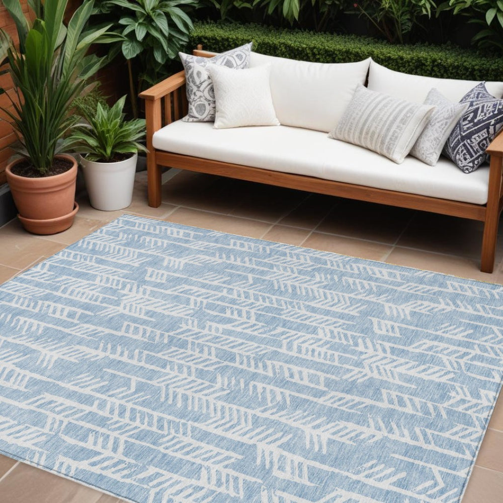HomeRoots 9' Sky Blue and Ivory Tribal Area Rug - Durable, Washable Design for Indoor and Outdoor Spaces 9' X 12' 594134