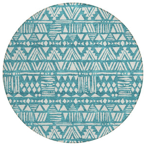 HomeRoots 5' Teal Blue and Ivory Southwestern Area Rug - Durable, Washable, Stylish Accent for Indoor/Outdoor Use 8' Round 594192