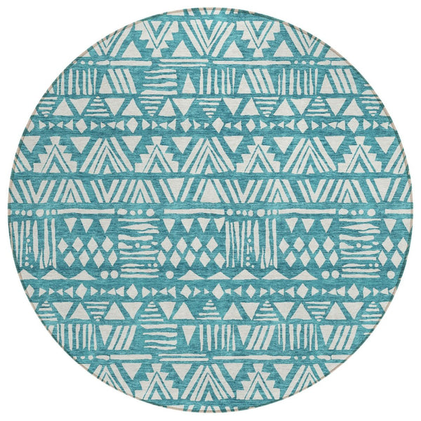 HomeRoots 5' Teal Blue and Ivory Southwestern Area Rug - Durable, Washable, Stylish Accent for Indoor/Outdoor Use 8' Round 594192