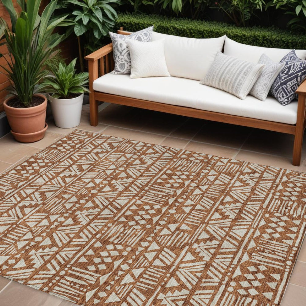 HomeRoots 5' Terra Cotta and Beige Southwestern Area Rug - Durable, Washable Design for Indoor and Outdoor Use 8' X 10' 594199