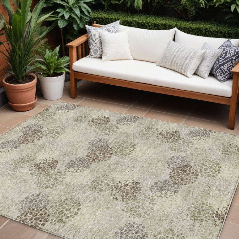 HomeRoots 5' Stylish Beige Green and Ivory Polka Dot Washable Area Rug for Indoor and Outdoor Spaces 10' X 14' 594213