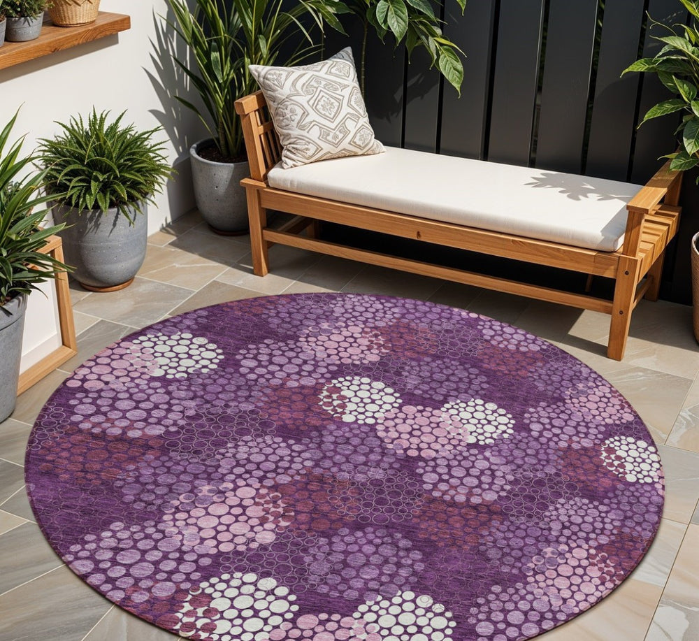 HomeRoots 5' Playful Eggplant Lavender Ivory Polka Dot Indoor Outdoor Area Rug - Stain Resistant & Durable 8' Round 594228