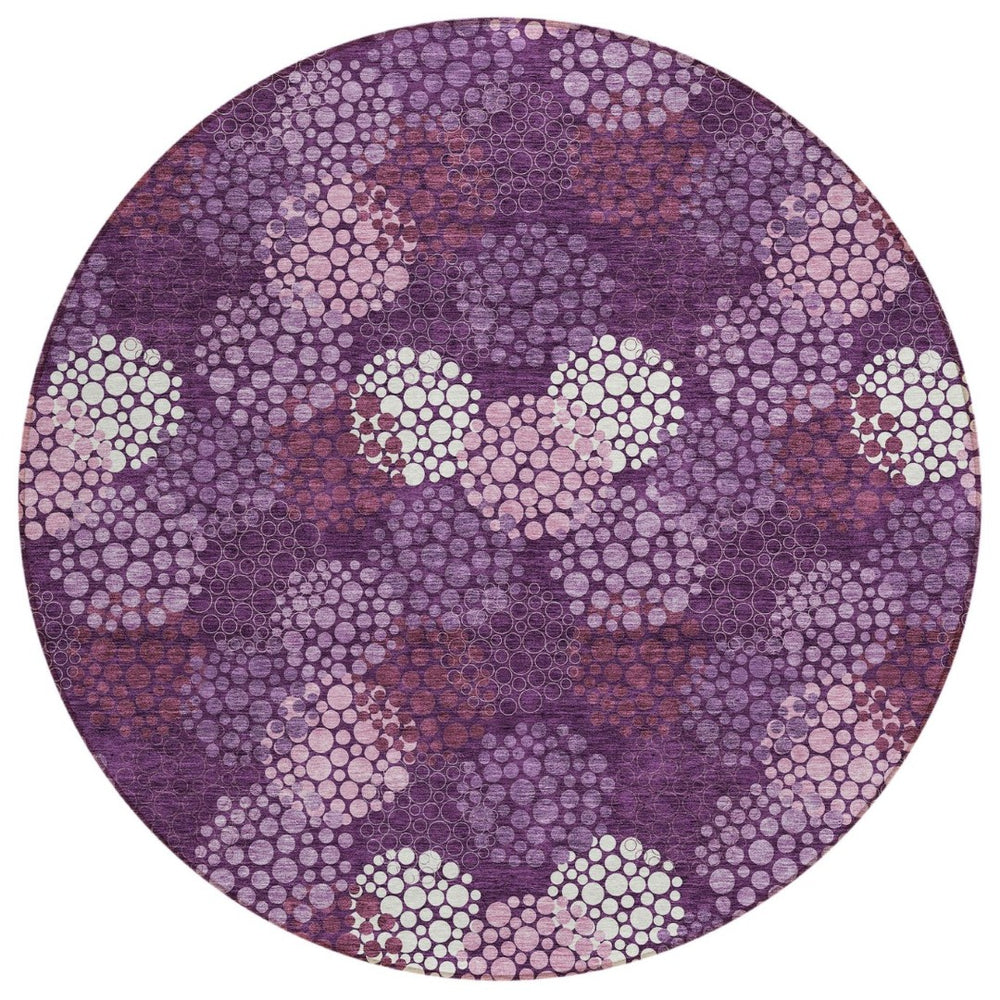 HomeRoots 5' Playful Eggplant Lavender Ivory Polka Dot Indoor Outdoor Area Rug - Stain Resistant & Durable 8' Round 594228