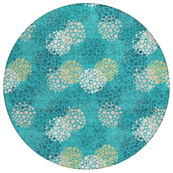HomeRoots 5' Emerald Gray and Ivory Polka Dot Area Rug - Stylish, Washable Design for Indoor and Outdoor Use 8' Round 594234