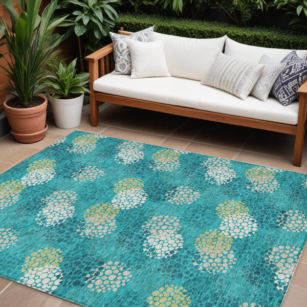 Homeroots 3' Beige Green And Ivory Polka Dot Washable Area Rug - Perfect For Indoor Or Outdoor Spaces! 10' X 14' Polyester 594237
