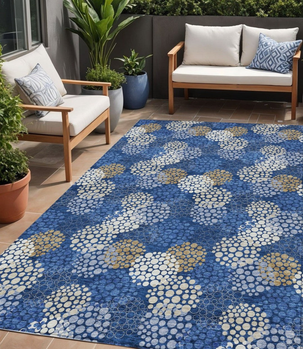 HomeRoots 5' Stylish Navy Blue, Brown, and Ivory Polka Dot Washable Area Rug for Indoor and Outdoor Spaces 5' X 8' 594263