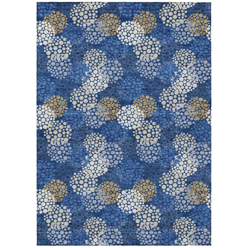 HomeRoots 5' Stylish Navy Blue, Brown, and Ivory Polka Dot Washable Area Rug for Indoor and Outdoor Spaces 5' X 8' 594263