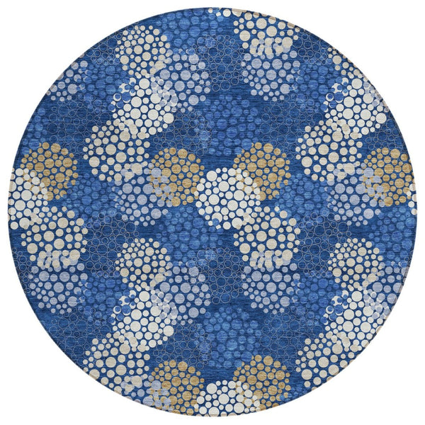 HomeRoots 5' Stylish Navy Blue, Brown, and Ivory Polka Dot Washable Area Rug for Indoor and Outdoor Spaces 8' Round 594264