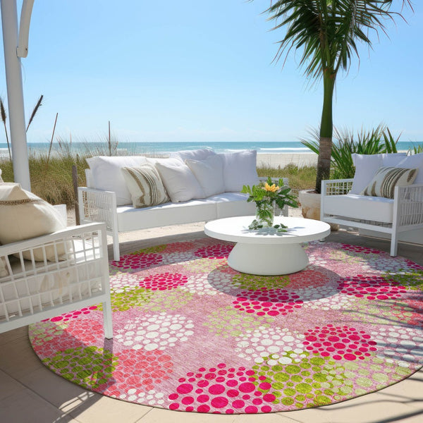 HomeRoots 5' Playful Pink Green Ivory Polka Dot Washable Area Rug - Durable, Non-Slip Design for Indoor Outdoor Use 8' Round 594276