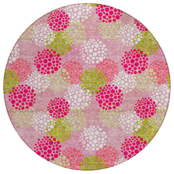 HomeRoots 5' Playful Pink Green Ivory Polka Dot Washable Area Rug - Durable, Non-Slip Design for Indoor Outdoor Use 8' Round 594276
