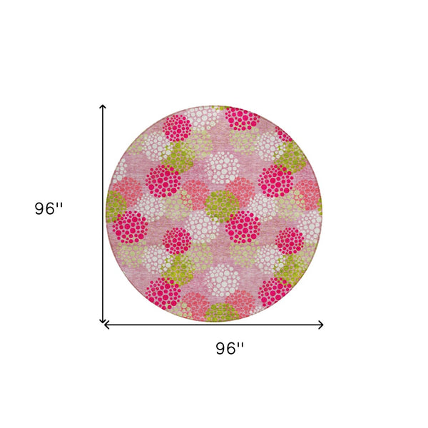 HomeRoots 5' Playful Pink Green Ivory Polka Dot Washable Area Rug - Durable, Non-Slip Design for Indoor Outdoor Use 8' Round 594276