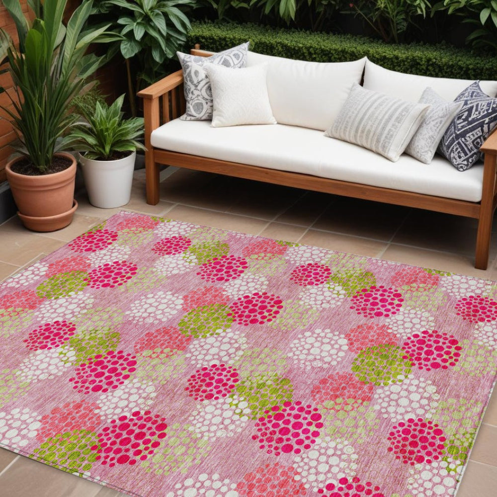 HomeRoots 9' Durable Washable Indoor Outdoor Area Rug with Pink Green and Ivory Polka Dot Pattern for Versatile Use 9' X 12' 594278