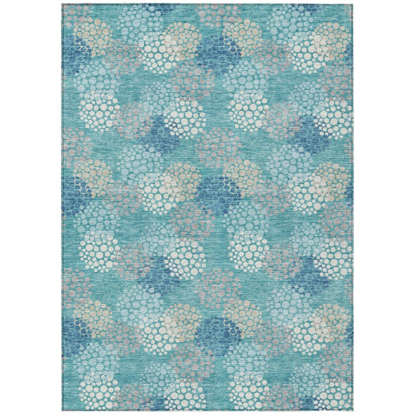 HomeRoots 5' Stylish Teal Blue Gray Ivory Polka Dot Area Rug - Washable, Durable for Indoor & Outdoor Use 5' X 8' 594287