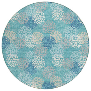 HomeRoots 5' Stylish Teal Blue Gray Ivory Polka Dot Area Rug - Washable, Durable for Indoor & Outdoor Use 8' Round 594288