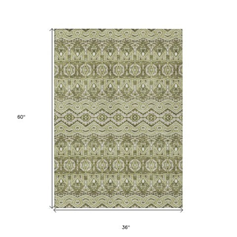 Homeroots 3' Stylish Moroccan Area Rug In Artichoke Green, Gray & Ivory - Washable For Indoor & Outdoor Use 3' X 5' Polyester 594292