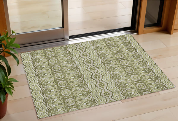 Homeroots 3' Stylish Moroccan Area Rug In Artichoke Green, Gray & Ivory - Washable For Indoor & Outdoor Use 3' X 5' Polyester 594292