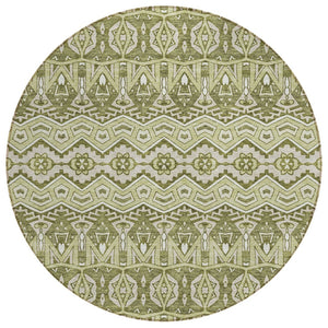 HomeRoots 5' Moroccan-Inspired Washable Area Rug in Artichoke Green, Gray & Ivory for Indoor/Outdoor Use 8' Round 594294