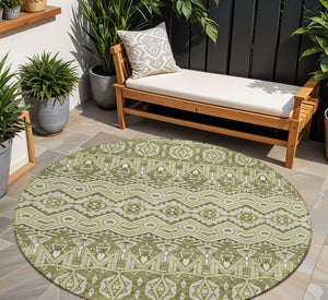 Homeroots 3' Stylish Moroccan Area Rug In Artichoke Green, Gray & Ivory - Washable For Indoor & Outdoor Use 8' Round Polyester 594294