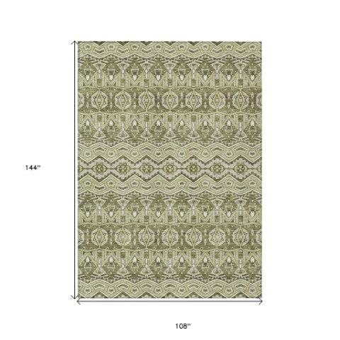Homeroots 3' Stylish Moroccan Area Rug In Artichoke Green, Gray & Ivory - Washable For Indoor & Outdoor Use 9' X 12' Polyester 594296