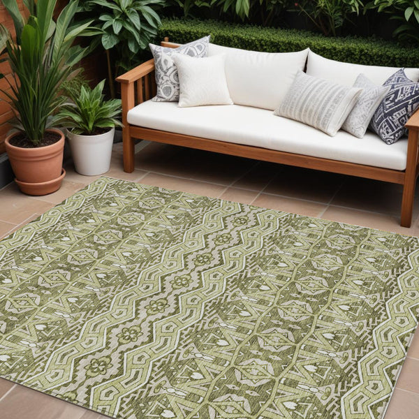 Homeroots 3' Stylish Moroccan Area Rug In Artichoke Green, Gray & Ivory - Washable For Indoor & Outdoor Use 9' X 12' Polyester 594296