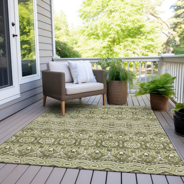 Homeroots 3' Stylish Moroccan Area Rug In Artichoke Green, Gray & Ivory - Washable For Indoor & Outdoor Use 9' X 12' Polyester 594296