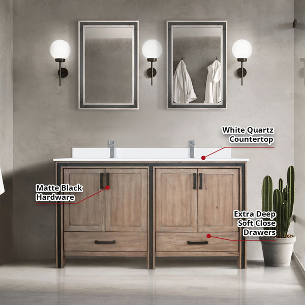 English Elm Rustic Barnwood Double Bath Vanity 60" W with White Quartz Top, Soft-Close Storage & 22" Mirrors B2731S00912