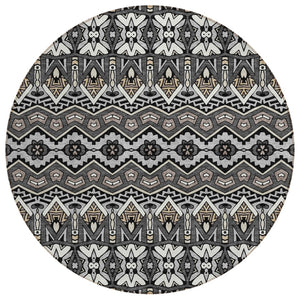 HomeRoots 5' Moroccan-Inspired Charcoal Brown and Ivory Area Rug for Indoor and Outdoor Spaces, Washable Design 8' Round 594312