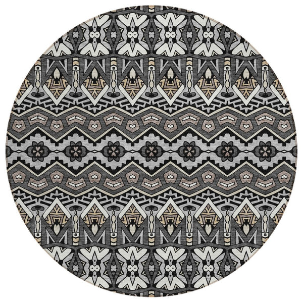 HomeRoots 5' Moroccan-Inspired Charcoal Brown and Ivory Area Rug for Indoor and Outdoor Spaces, Washable Design 8' Round 594312