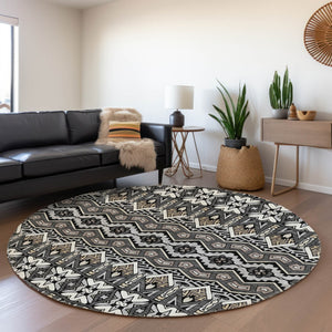 Homeroots 3' Stylish Moroccan Area Rug In Artichoke Green, Gray & Ivory - Washable For Indoor & Outdoor Use 8' Round Polyester 594312