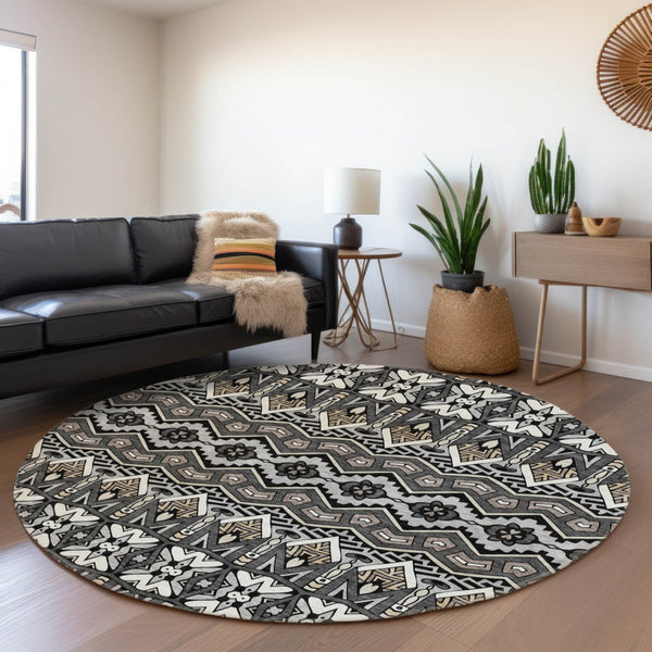 Homeroots 3' Stylish Moroccan Area Rug In Artichoke Green, Gray & Ivory - Washable For Indoor & Outdoor Use 8' Round Polyester 594312