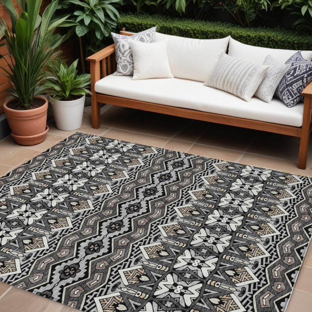 HomeRoots 9' Charcoal Brown and Ivory Moroccan Indoor Outdoor Area Rug – Stylish, Washable, Durable Design 9' X 12' 594314