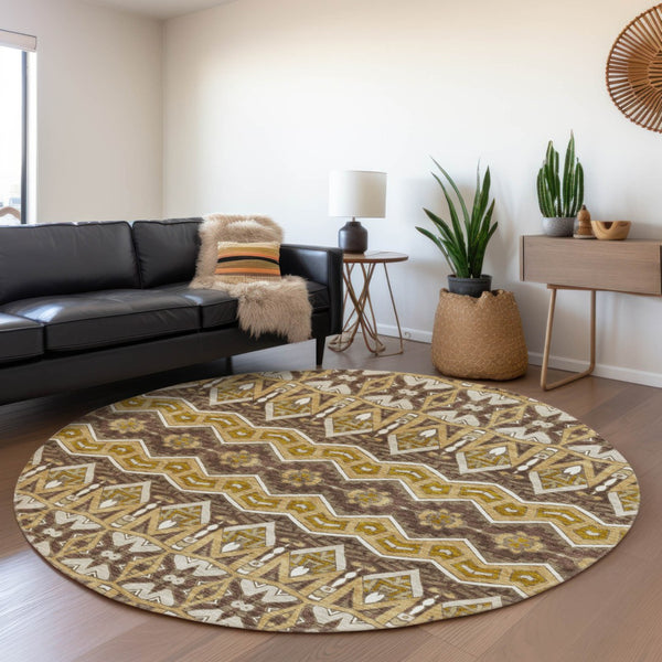 Homeroots 3' Stylish Moroccan Area Rug In Artichoke Green, Gray & Ivory - Washable For Indoor & Outdoor Use 8' Round Polyester 594324