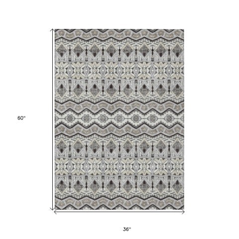 Homeroots 3' Stylish Moroccan Area Rug In Artichoke Green, Gray & Ivory - Washable For Indoor & Outdoor Use 3' X 5' Polyester 594328
