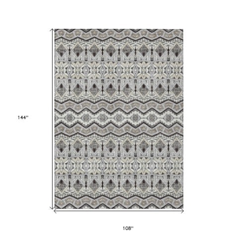 Homeroots 3' Stylish Moroccan Area Rug In Artichoke Green, Gray & Ivory - Washable For Indoor & Outdoor Use 9' X 12' Polyester 594332