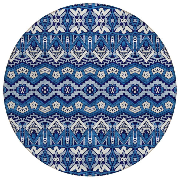 HomeRoots 5' Navy Blue and Ivory Moroccan Area Rug - Washable, Durable, Stylish for Indoor and Outdoor Spaces 8' Round 594336