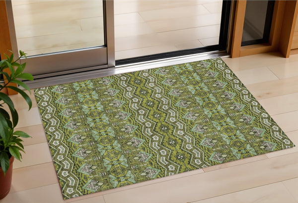Homeroots 3' Stylish Moroccan Area Rug In Artichoke Green, Gray & Ivory - Washable For Indoor & Outdoor Use 3' X 5' Polyester 594340