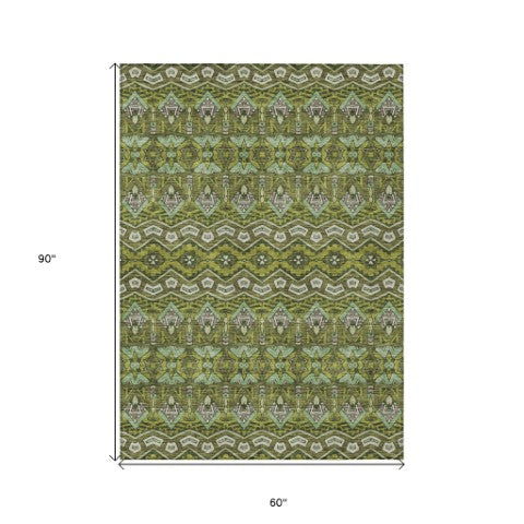 Homeroots 3' Stylish Moroccan Area Rug In Artichoke Green, Gray & Ivory - Washable For Indoor & Outdoor Use 5' X 8' Polyester 594341