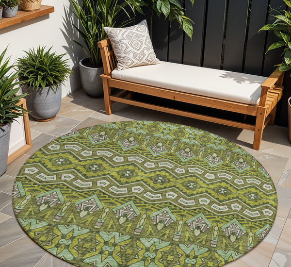 Homeroots 3' Stylish Moroccan Area Rug In Artichoke Green, Gray & Ivory - Washable For Indoor & Outdoor Use 8' Round Polyester 594342