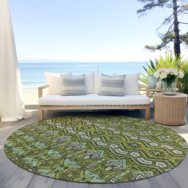 Homeroots 3' Stylish Moroccan Area Rug In Artichoke Green, Gray & Ivory - Washable For Indoor & Outdoor Use 8' Round Polyester 594342