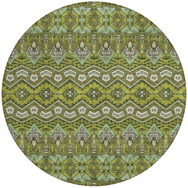 Homeroots 3' Stylish Moroccan Area Rug In Artichoke Green, Gray & Ivory - Washable For Indoor & Outdoor Use 8' Round Polyester 594342