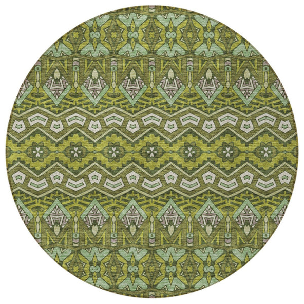Homeroots 3' Stylish Moroccan Area Rug In Artichoke Green, Gray & Ivory - Washable For Indoor & Outdoor Use 8' Round Polyester 594342