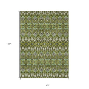 Homeroots 3' Stylish Moroccan Area Rug In Artichoke Green, Gray & Ivory - Washable For Indoor & Outdoor Use 9' X 12' Polyester 594344