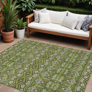 Homeroots 3' Stylish Moroccan Area Rug In Artichoke Green, Gray & Ivory - Washable For Indoor & Outdoor Use 9' X 12' Polyester 594344