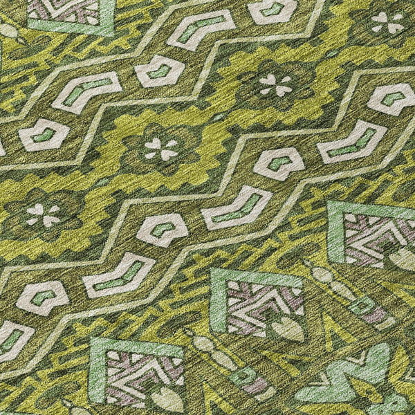 Homeroots 3' Stylish Moroccan Area Rug In Artichoke Green, Gray & Ivory - Washable For Indoor & Outdoor Use 9' X 12' Polyester 594344