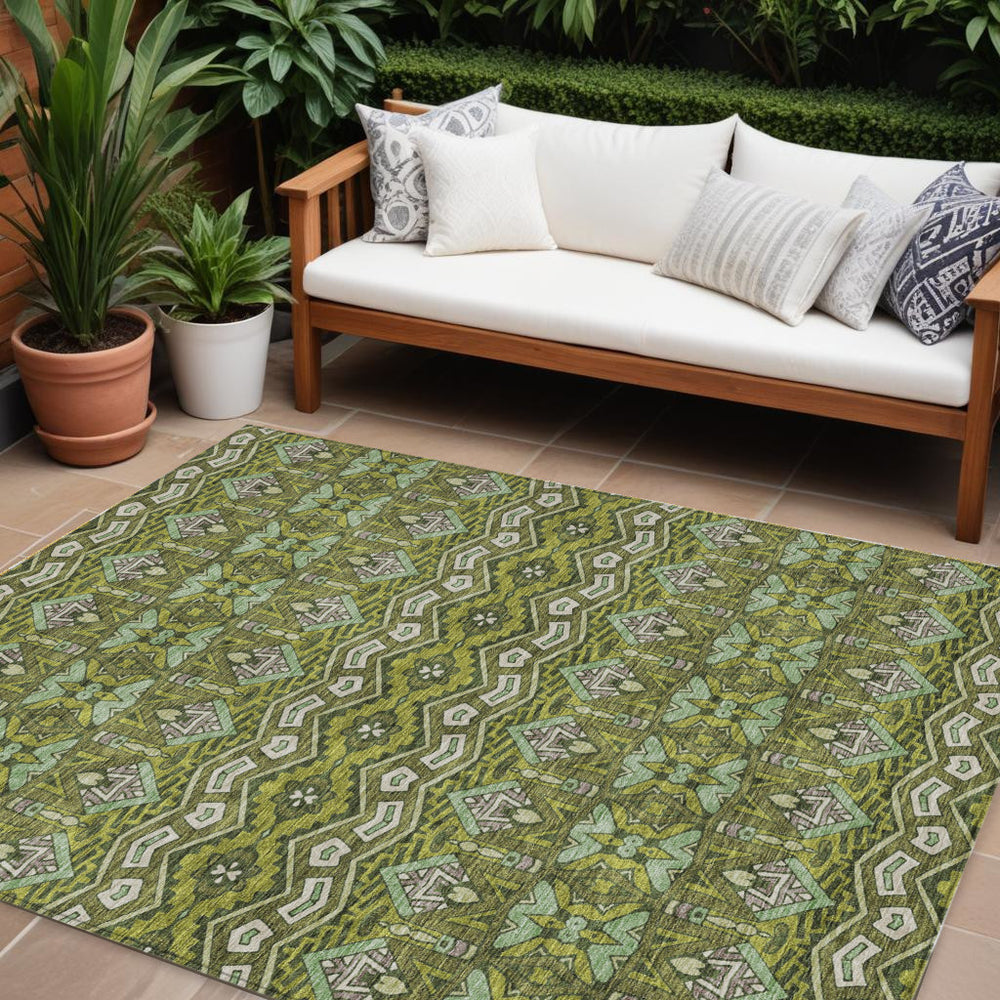 Homeroots 3' Stylish Moroccan Area Rug In Artichoke Green, Gray & Ivory - Washable For Indoor & Outdoor Use 10' X 14' Polyester 594345
