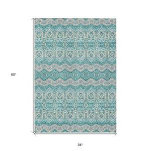 Homeroots 3' Stylish Moroccan Area Rug In Artichoke Green, Gray & Ivory - Washable For Indoor & Outdoor Use 3' X 5' Polyester 594346
