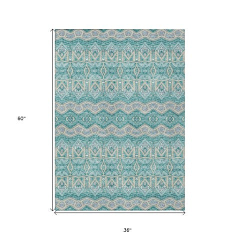 Homeroots 3' Stylish Moroccan Area Rug In Artichoke Green, Gray & Ivory - Washable For Indoor & Outdoor Use 3' X 5' Polyester 594346